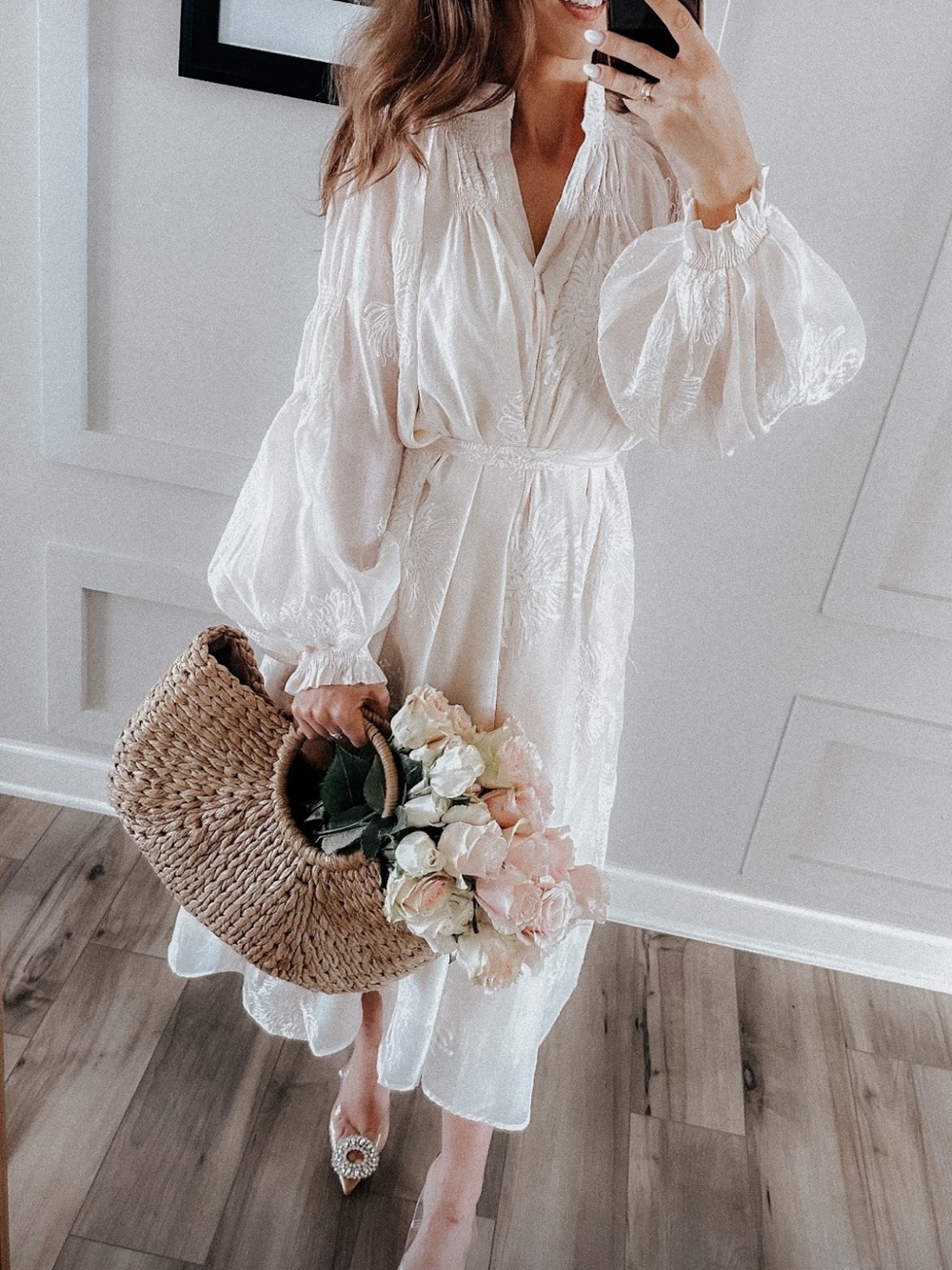 Elegant White Long-Sleeve Midi Dress